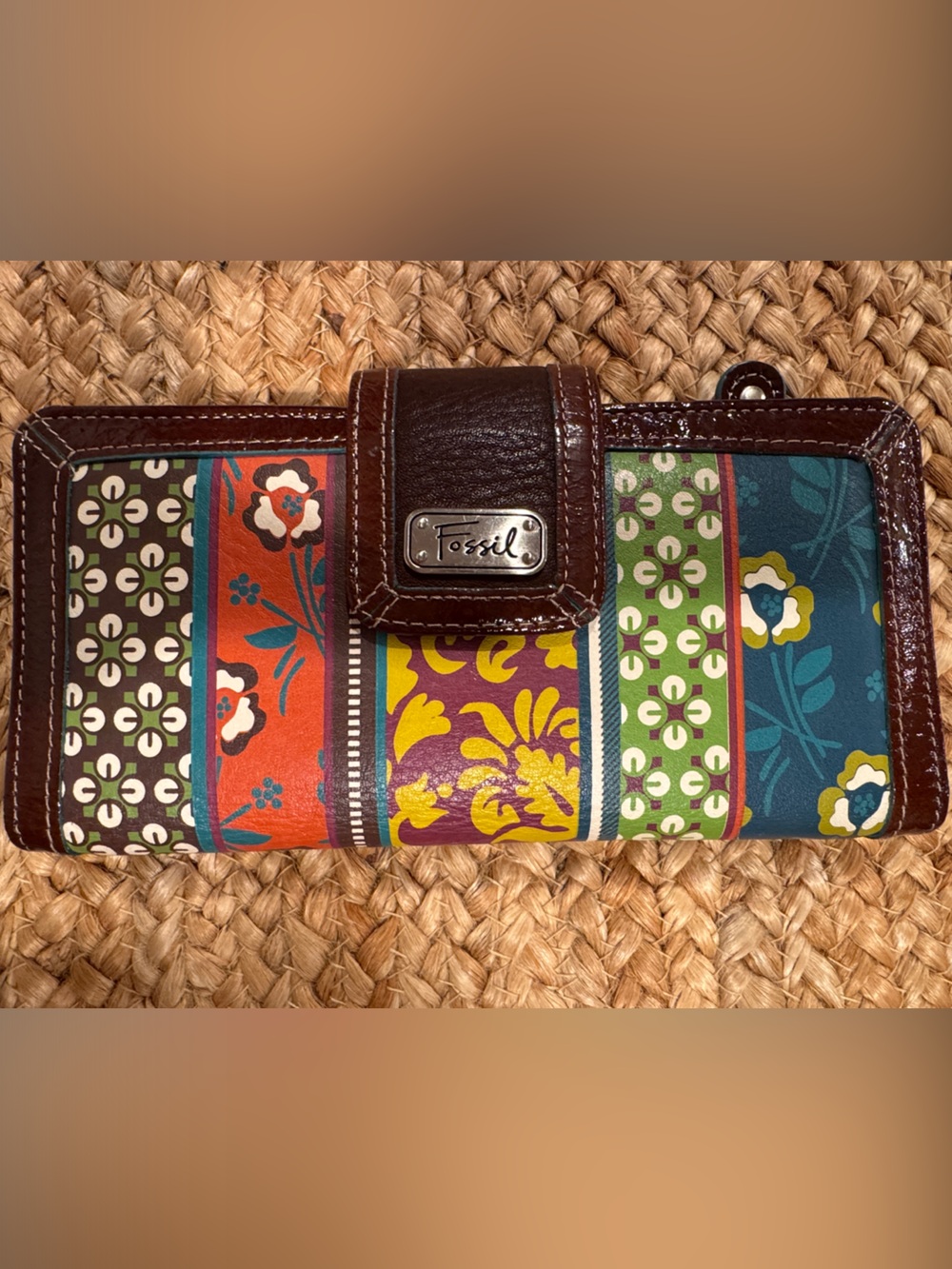 Fossil Multicolor Floral Stripe Leather-Trim Card Holder